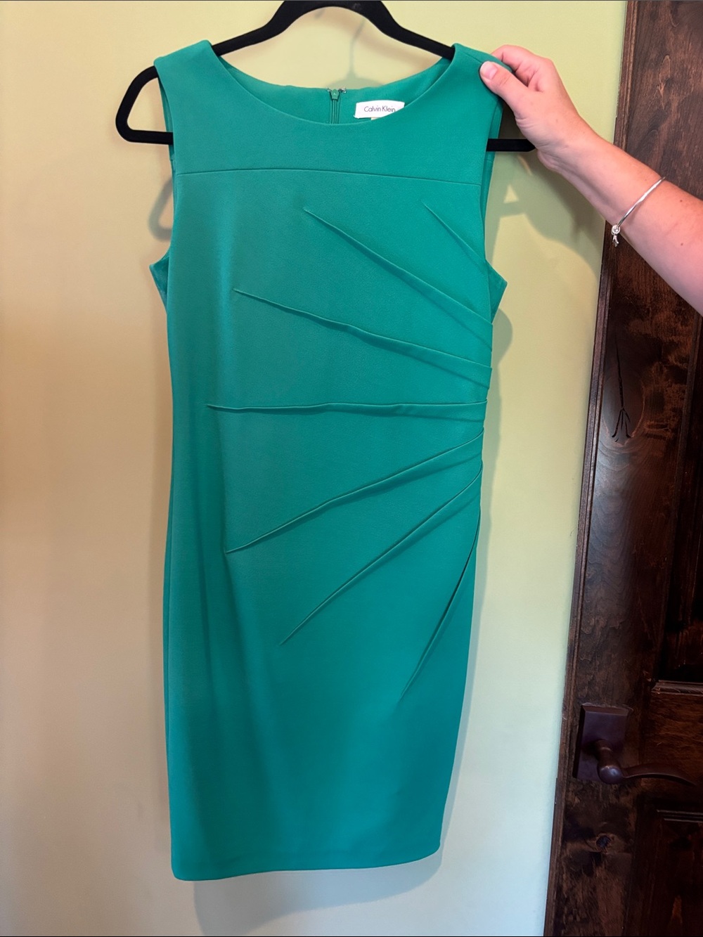 Calvin Klein Teal Sheath Midi Dress with Sculpted Pleats - Picture 1 of 3